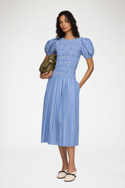 Stripe Cotton Long Smocked Pleated Dress
