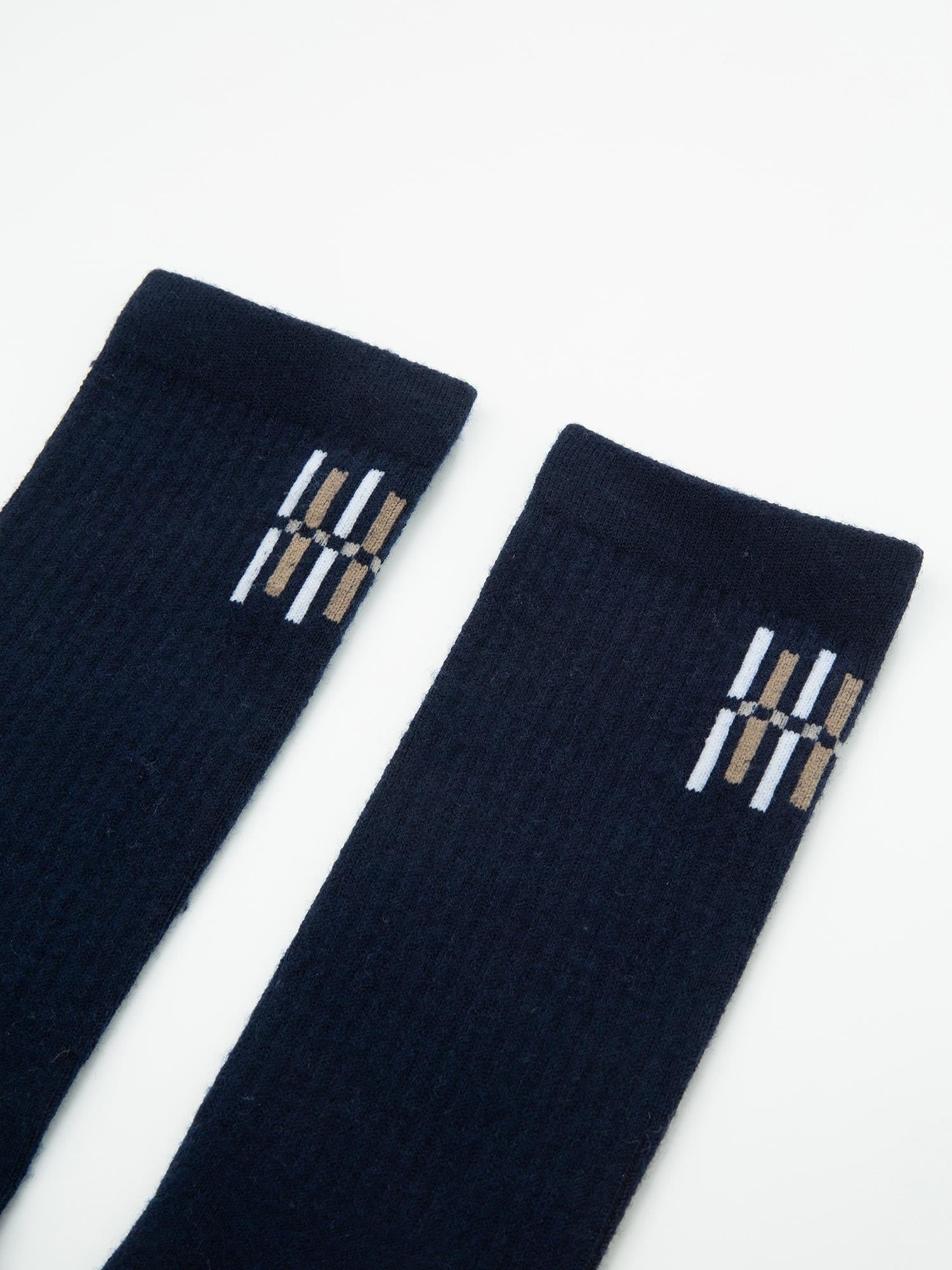 Skutvik Ribbestrikkede Ullsokker Dark Blue
