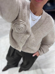 Knit Flower Cardigan Oxford Tan