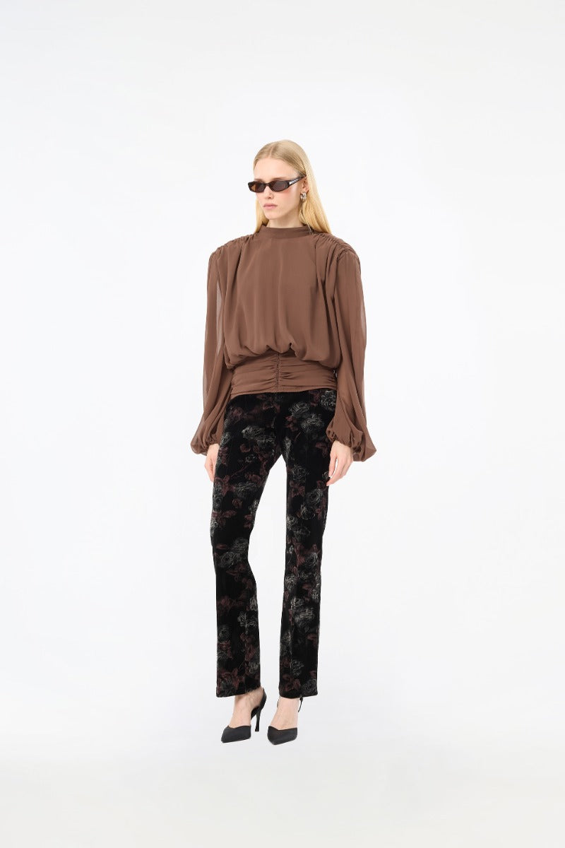 LS Pleated Blouse Chestnut