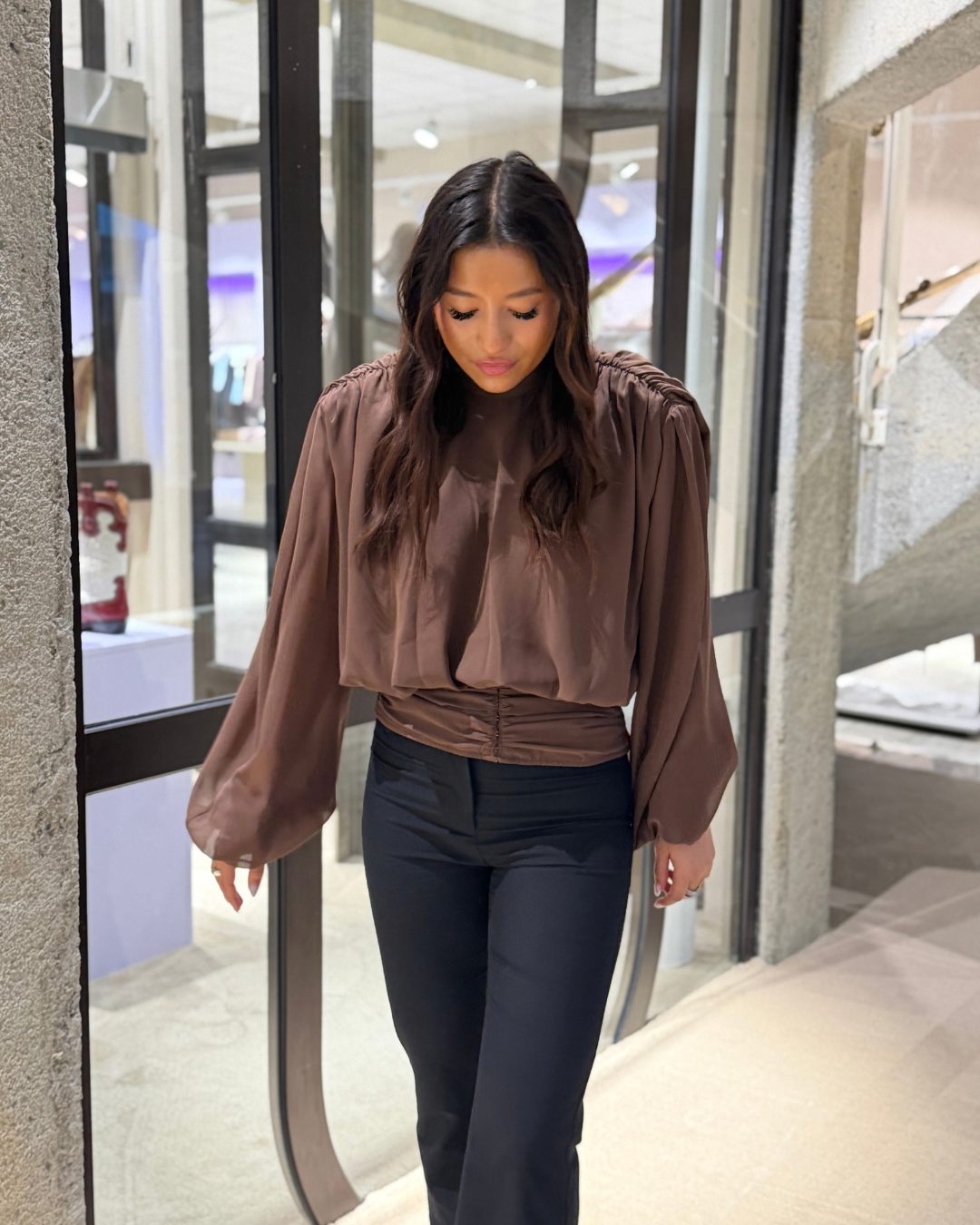 LS Pleated Blouse Chestnut