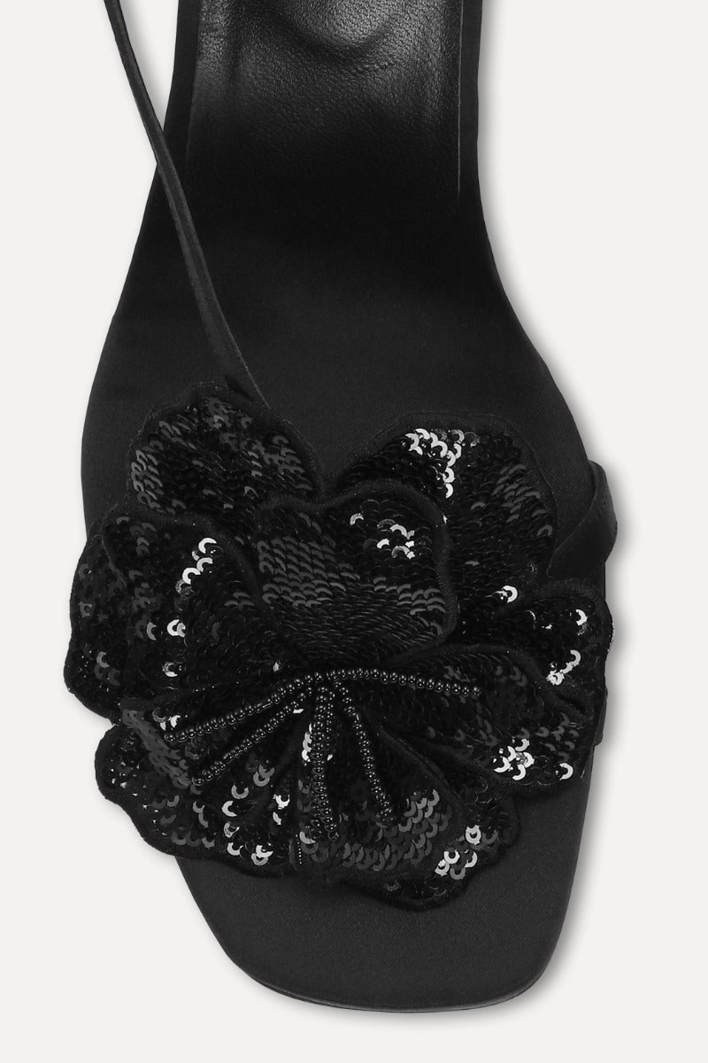 Satin Flower Sandal Black