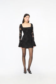 Flower Mesh LS Mini Dress Black