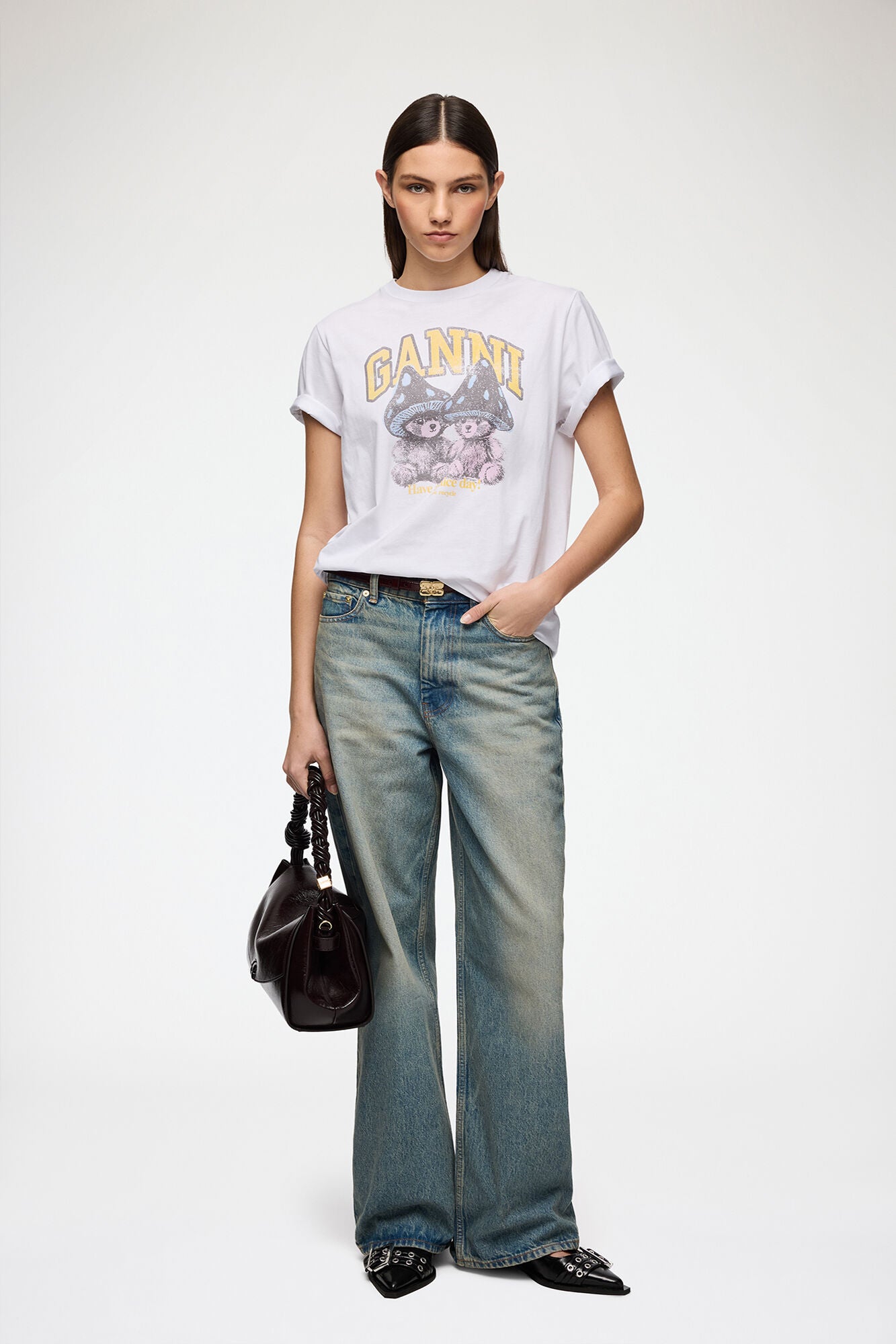 Basic Cotton Relaxed T-shirt Teddy Mushrooms Bright White