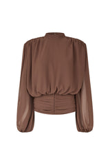 LS Pleated Blouse Chestnut