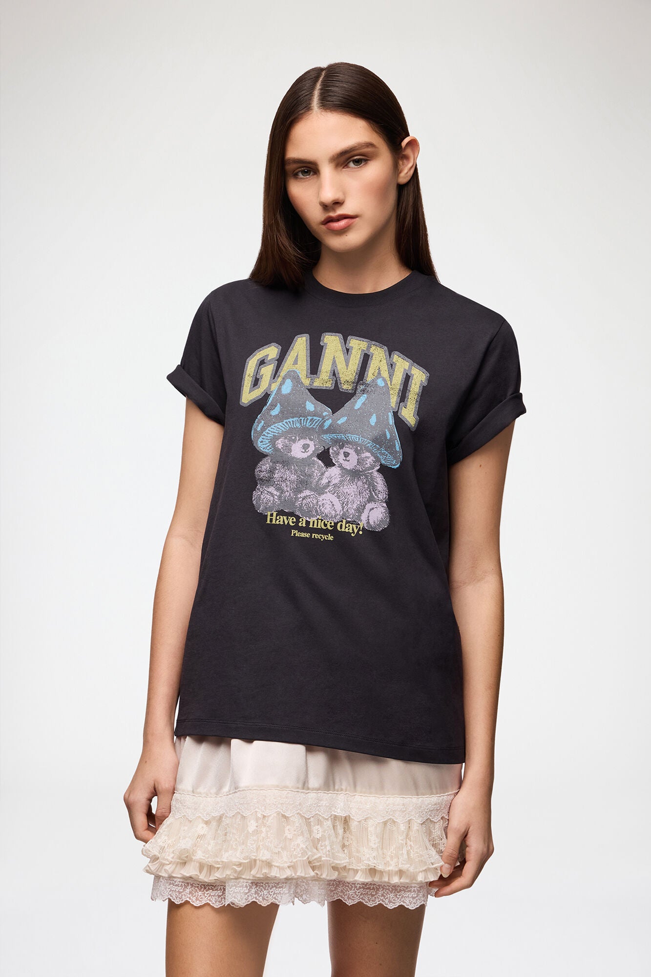 Basic Cotton Relaxed T-shirt Teddy Mushrooms Phantom