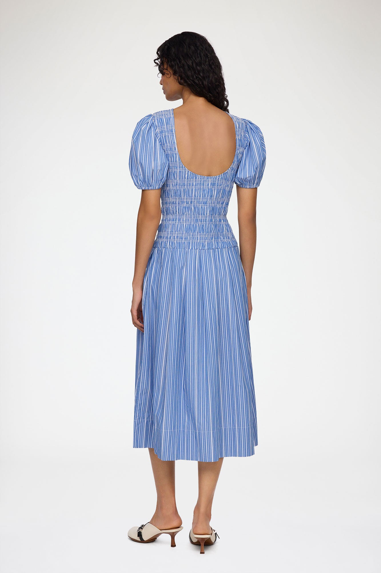 Stripe Cotton Long Smocked Pleated Dress