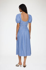 Stripe Cotton Long Smocked Pleated Dress