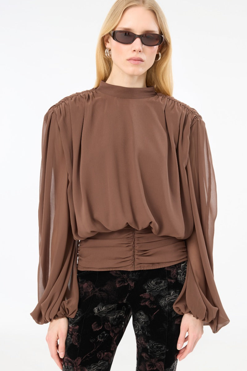 LS Pleated Blouse Chestnut