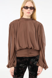 LS Pleated Blouse Chestnut