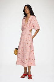 Printed Stretch Cotton Cut Out Midi Dress