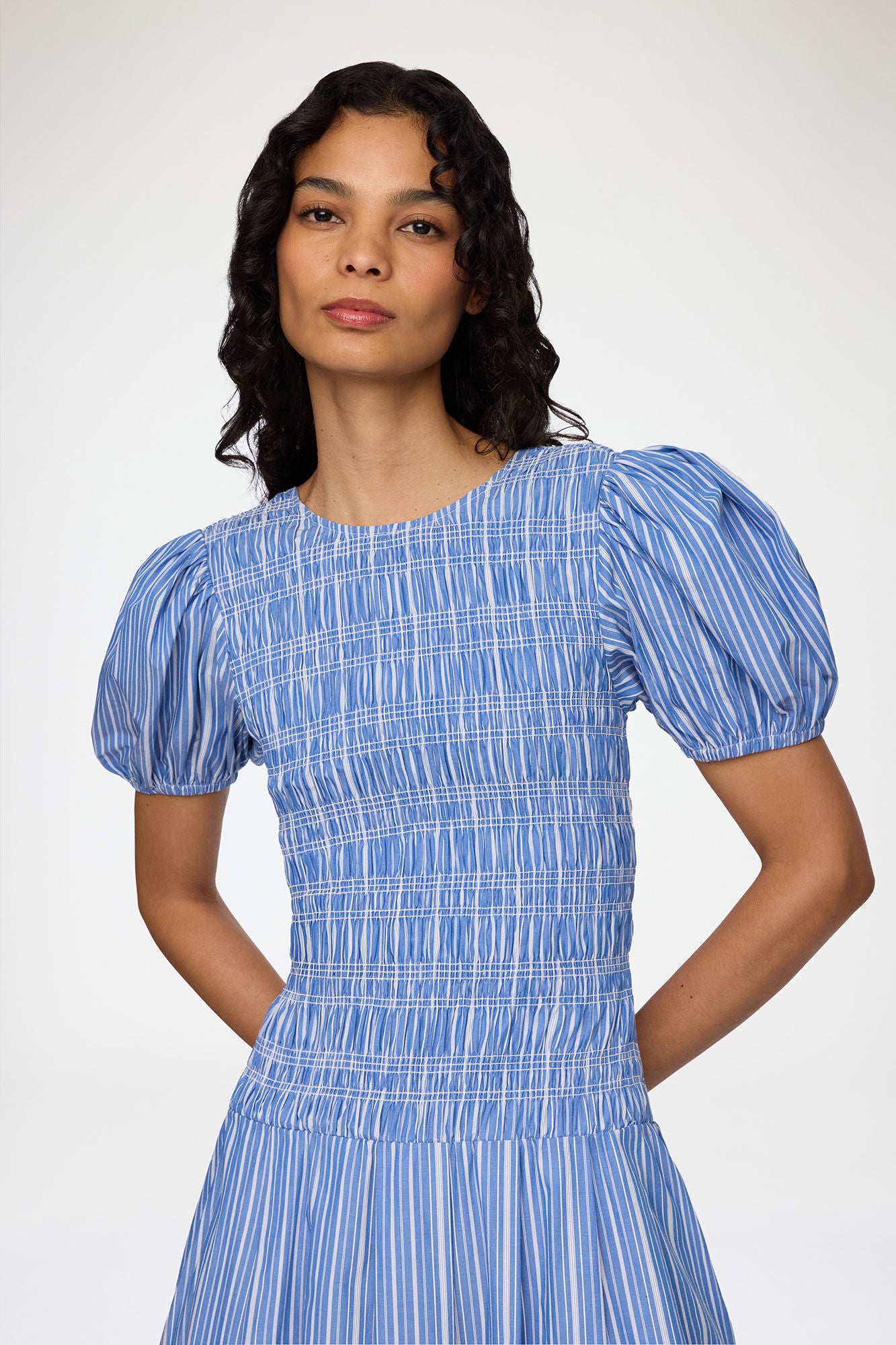 Stripe Cotton Long Smocked Pleated Dress