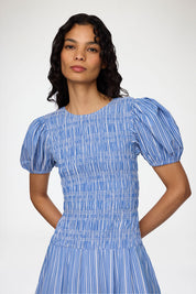 Stripe Cotton Long Smocked Pleated Dress