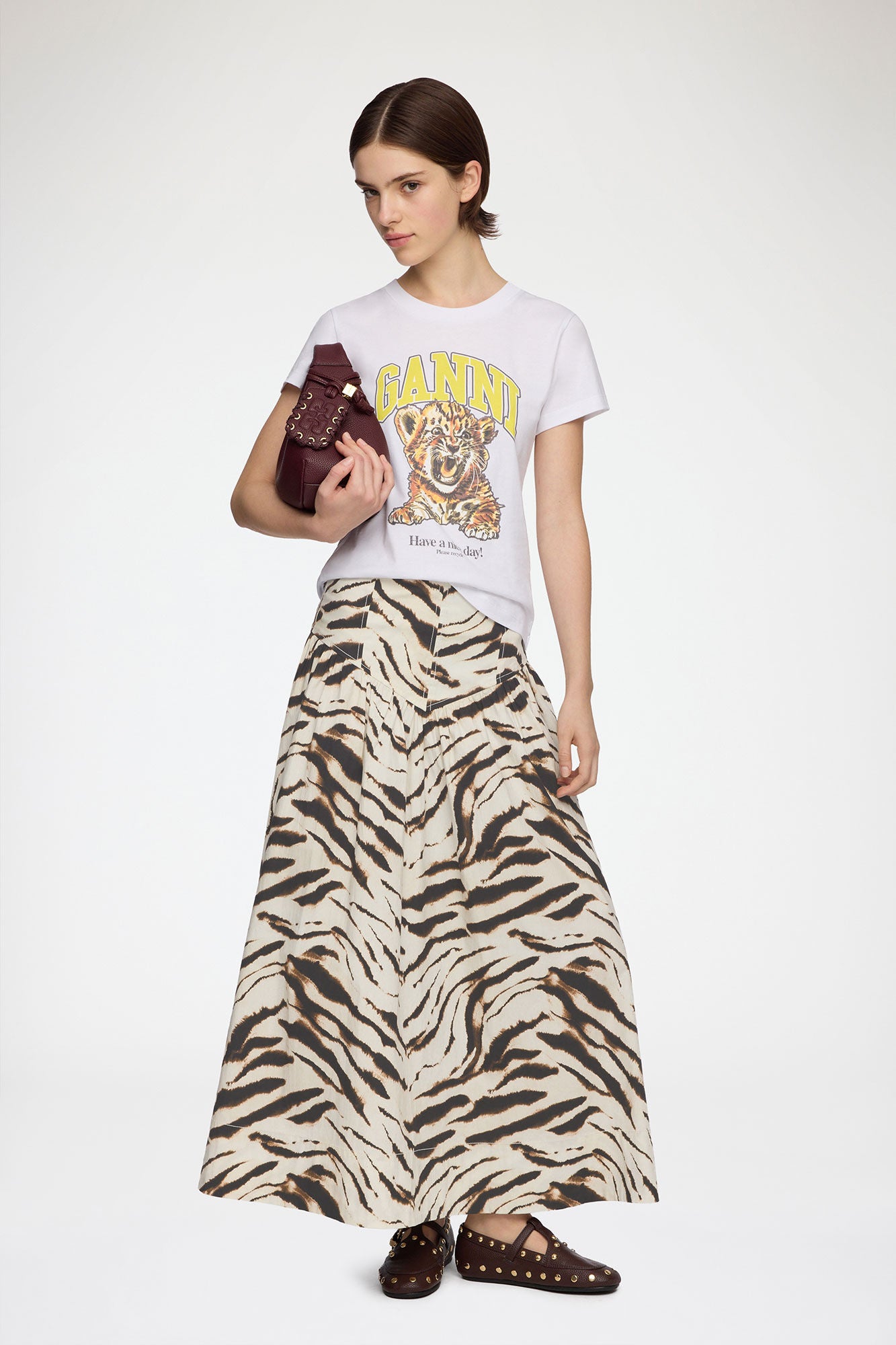 Zebra Printed Stretch Cotton Long Skirt