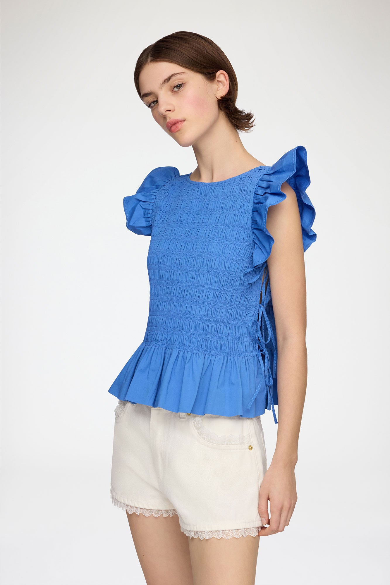 Stretch Cotton Angel Sleeve Smocked Top