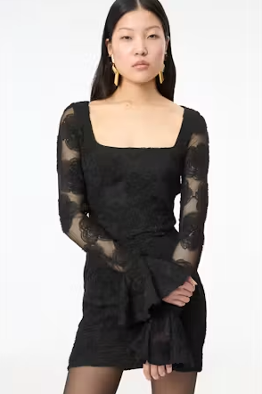 Flower Mesh LS Mini Dress Black