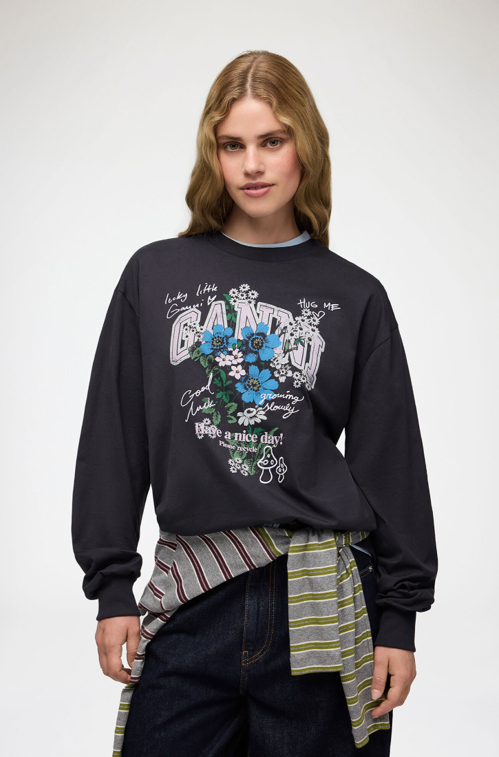 Basic Cotton Jersey Longsleeve Flower Print Phantom